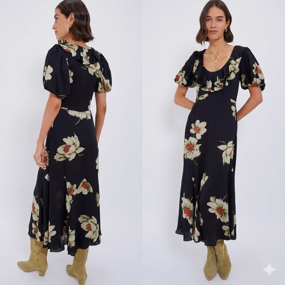 THE GREAT Medley Relic Rose Midi Dress Ruffle Scoop Neck Size L NWT